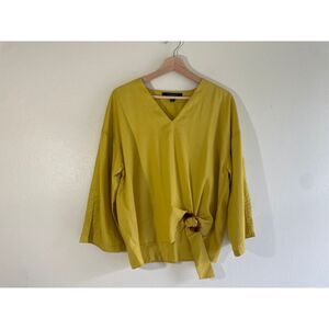 Mustard Yellow V-Neck Tie Front Size S Blouse Minimalist Chic Artsy Lagenlook